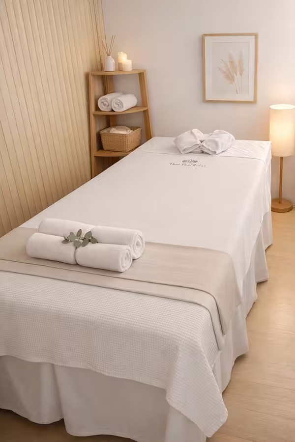 Private massage room with a treatment bed and towels